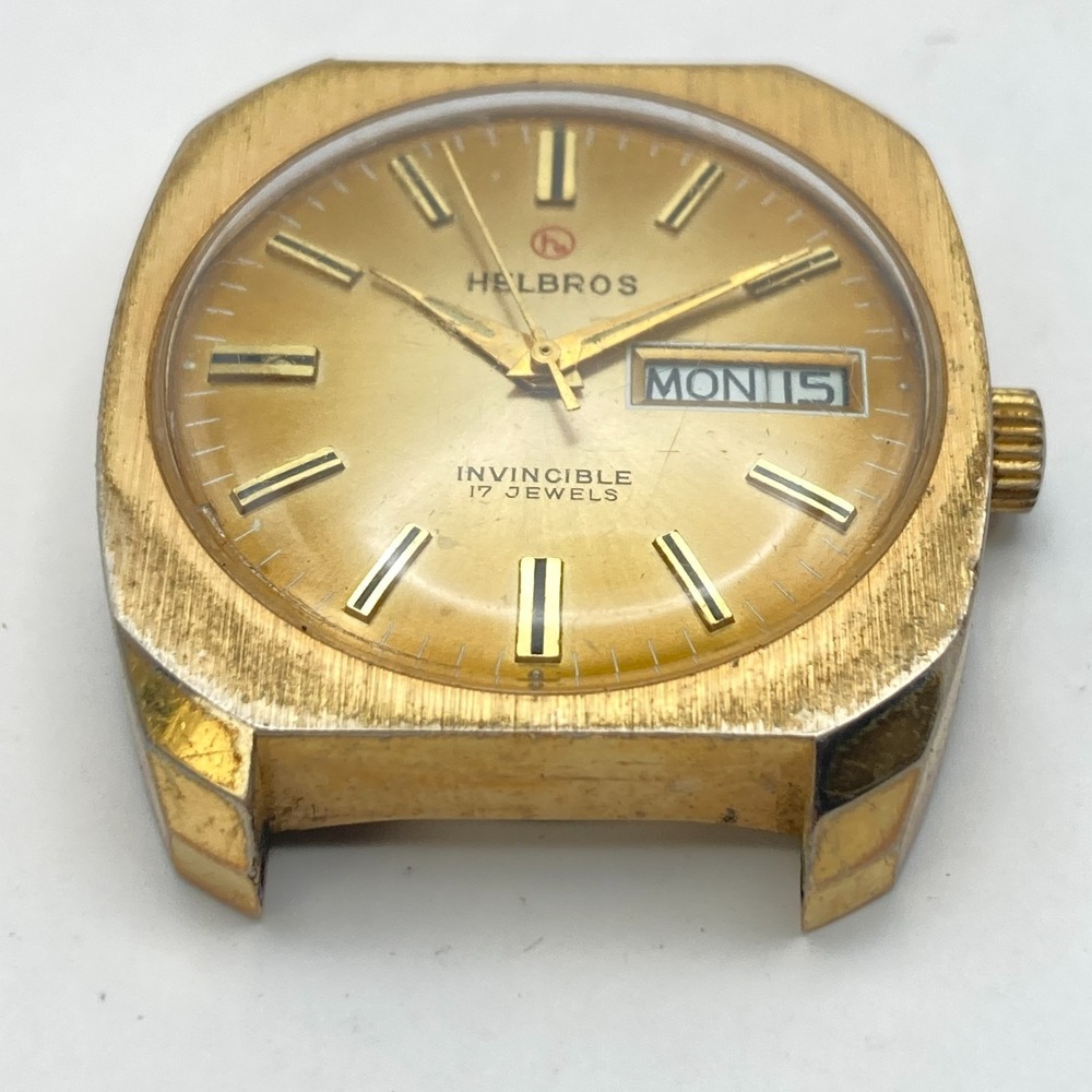 Vintage Helbros Invincible Men's Watch Gold Tone 17 Jewels 34mm Manual Wind Up - Picture 2 of 8